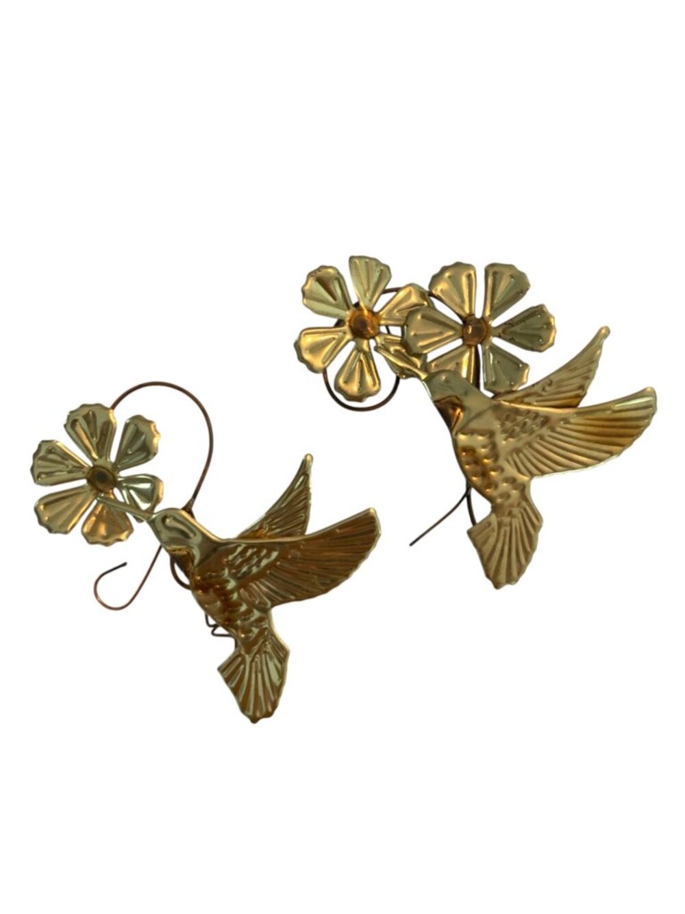 Brass Hummingbird & Flower Wall Art Pair Decorative Goldtone Metal Sculptures